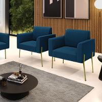 Poltrona Sala Estar Pé Ferro Dourado Kit 2 Marisa Bouclê D03 - D'rossi Cor Azul - 1