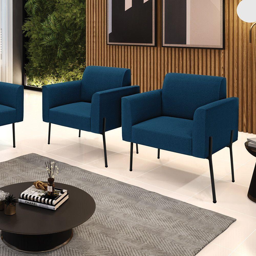 Poltrona Sala Estar Pé Ferro Preto Kit 2 Marisa Bouclê D03 - D'rossi Cor Azul - 1