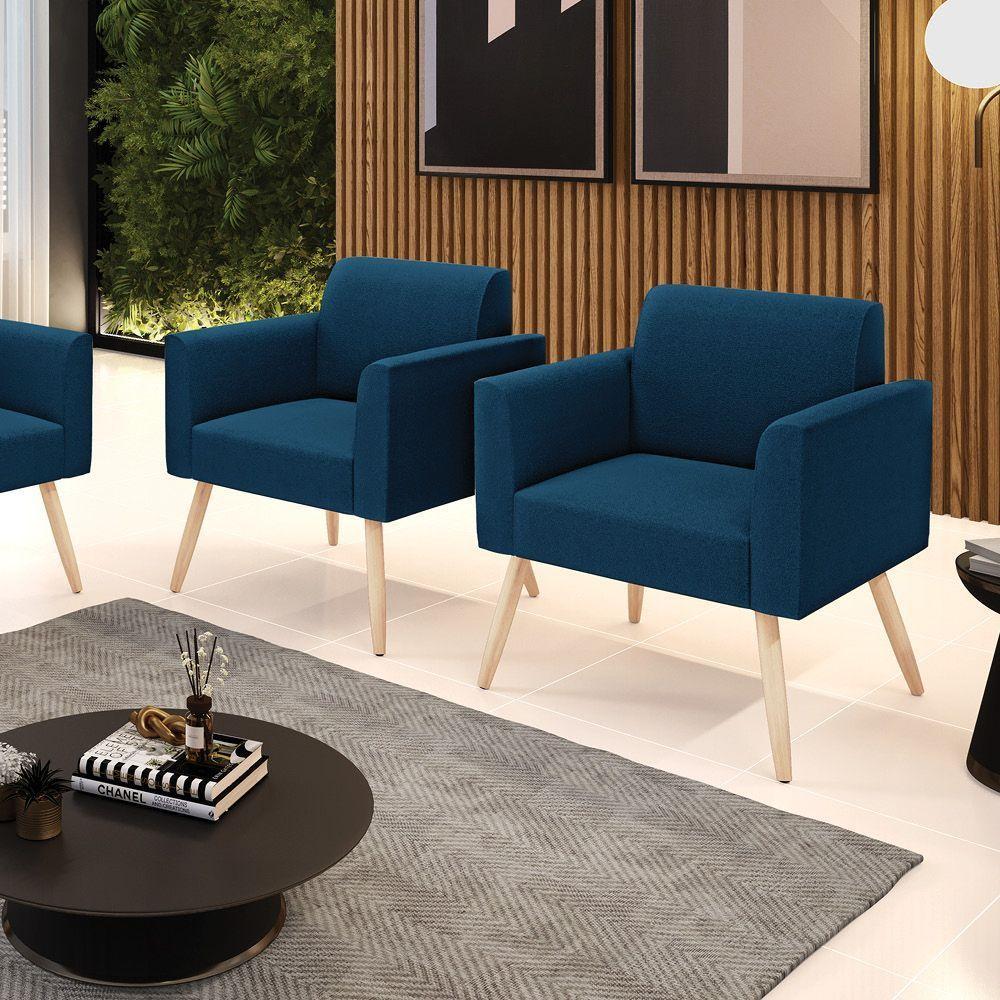 Poltrona Sala Estar Pé Palito Natural Kit 2 Marisa Bouclê Azul - 1