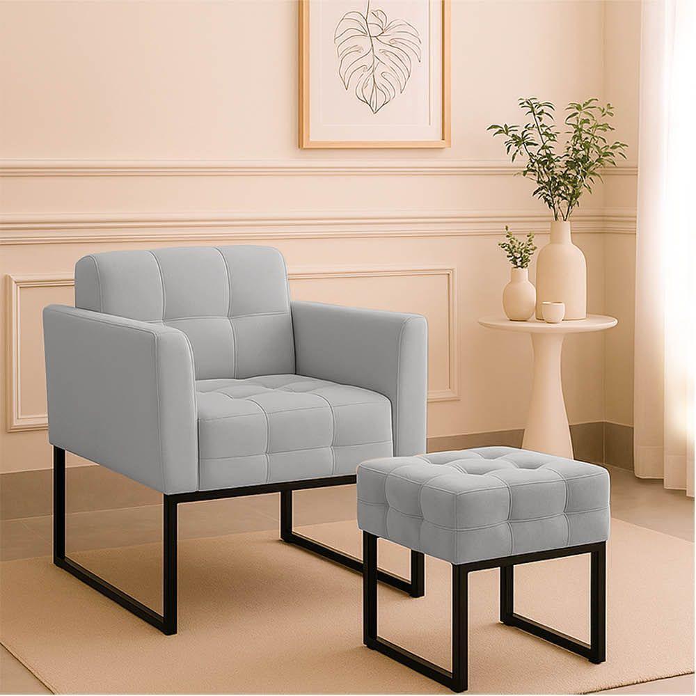 Poltrona Sala E Puff Decorativo Industrial Elisa Suede D03 - D'rossi Cinza - 1