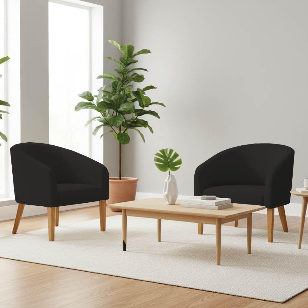 Poltrona Sala Decorativa Kit 2 Stella Pé Madeira Trapézio Castanho Linho Preto D03 - D'rossi - 1