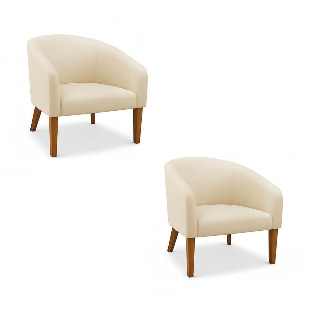 Poltrona Sala Decorativa Kit 2 Stella Pé Madeira Trapézio Castanho Sintético Bege D03 - D'rossi - 2