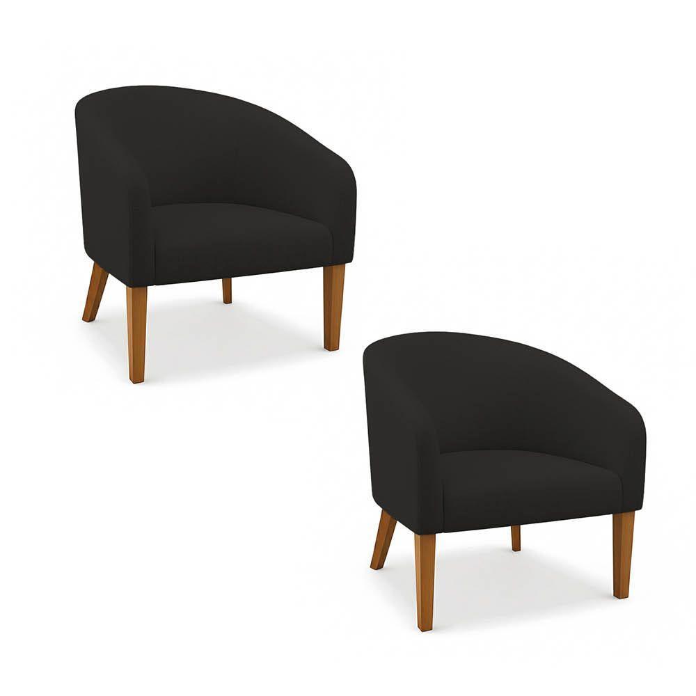 Poltrona Sala Decorativa Kit 2 Stella Pé Madeira Trapézio Castanho Linho D03 - D'rossi Cor Preto - 2