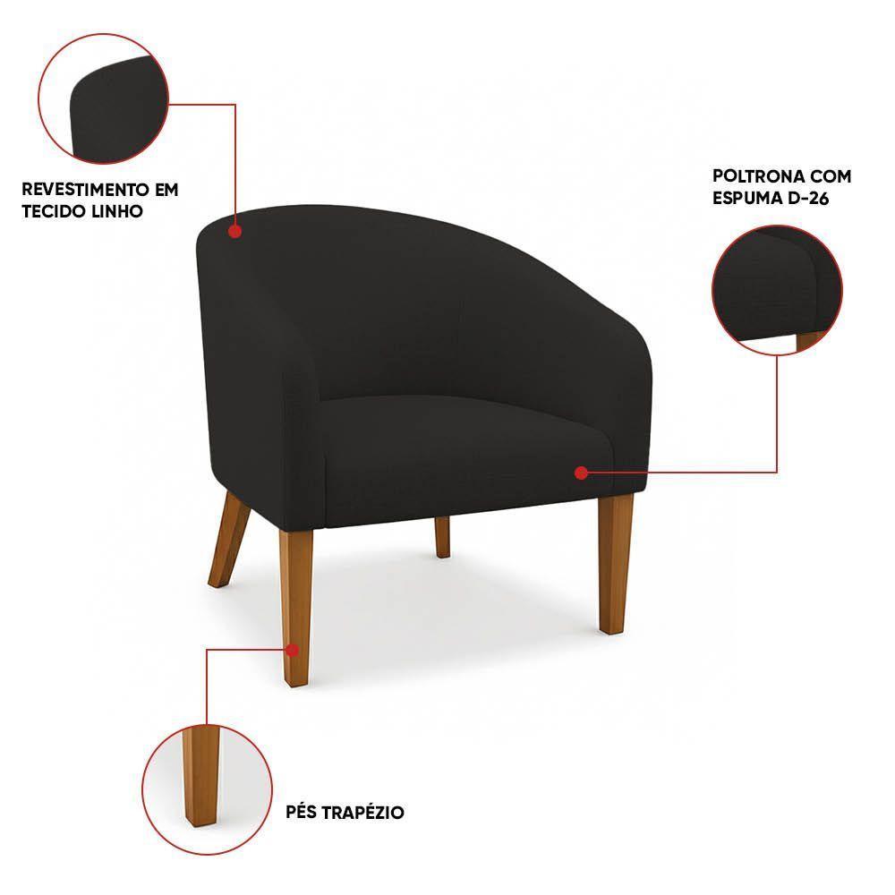 Poltrona Sala Decorativa Kit 2 Stella Pé Madeira Trapézio Castanho Linho D03 - D'rossi Cor Preto - 3