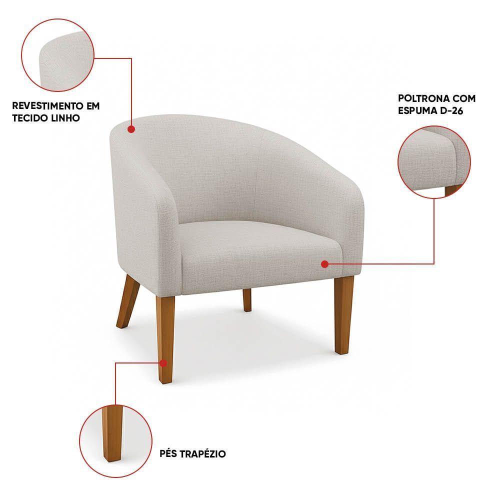 Poltrona Sala Decorativa Kit 2 Stella Pé Madeira Trapézio Castanho Linho Cinza D03 - D'rossi - 3