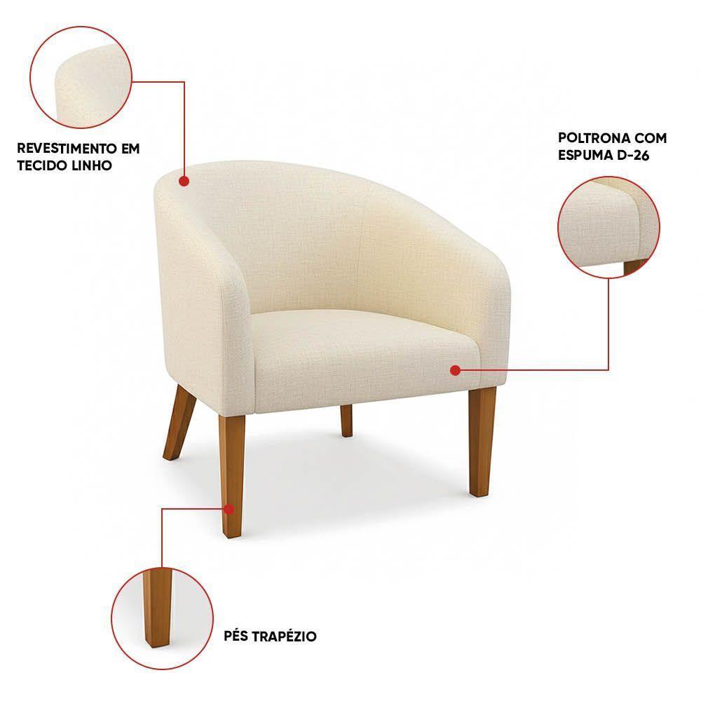Poltrona Sala Decorativa Kit 2 Stella Pé Madeira Trapézio Castanho Linho D03 - D'rossi Cor Bege - 3