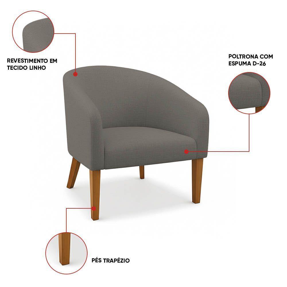 Poltrona Sala Decorativa Kit 2 Stella Pé Madeira Trapézio Castanho Linho Grafite D03 - D'rossi - 3