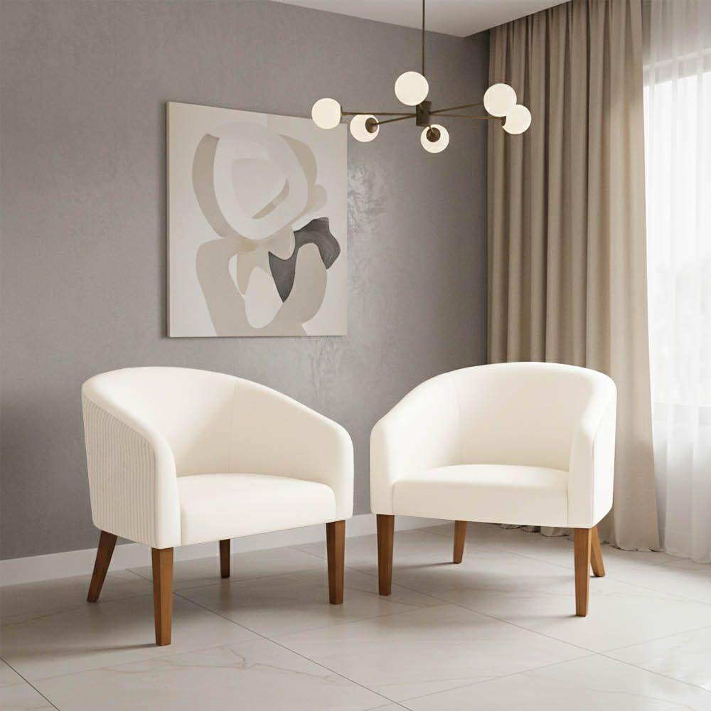 Poltrona Sala Decorativa Kit 2 Stella Pé Madeira Trapézio Castanho Cotelê Ext/veludo D03 - D'rossi Cor Bege - 1