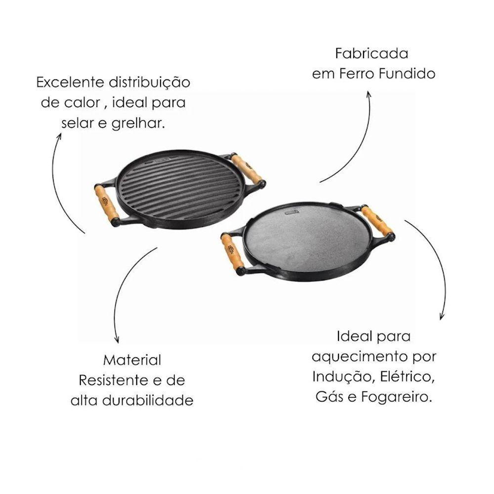 Chapa Dupla Face Redonda Alça De Madeira Panela Mineira 30cm - 2