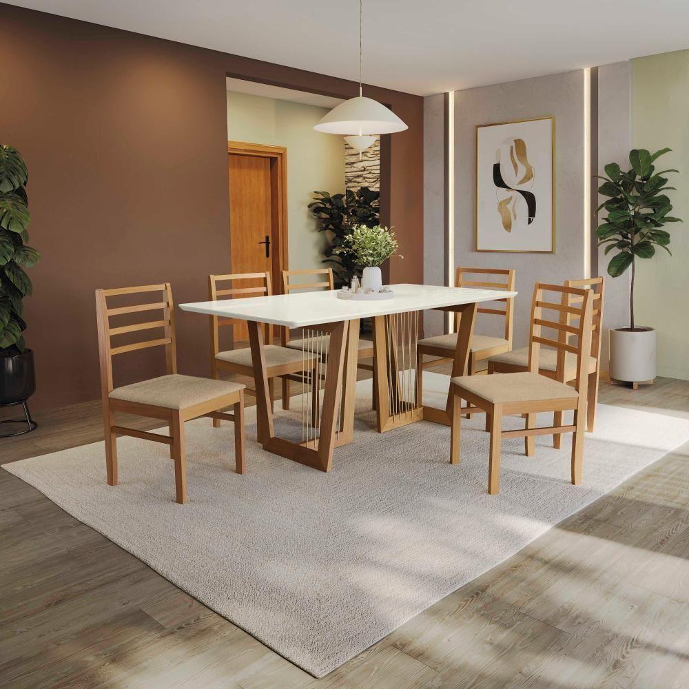 Conjunto Sala De Jantar Elisa Em Madeira Maciça 6 Cadeiras Boucle Bege - 1