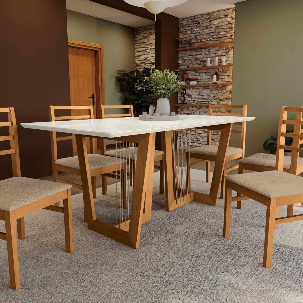 Conjunto Sala De Jantar Elisa Em Madeira Maciça 6 Cadeiras Boucle Bege - 7