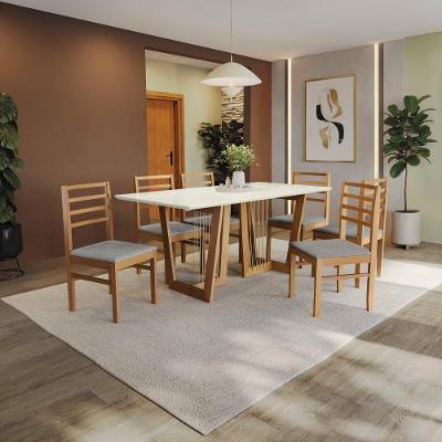 Conjunto Sala De Jantar Elisa Em Madeira Maciça 6 Cadeiras Boucle Cinza