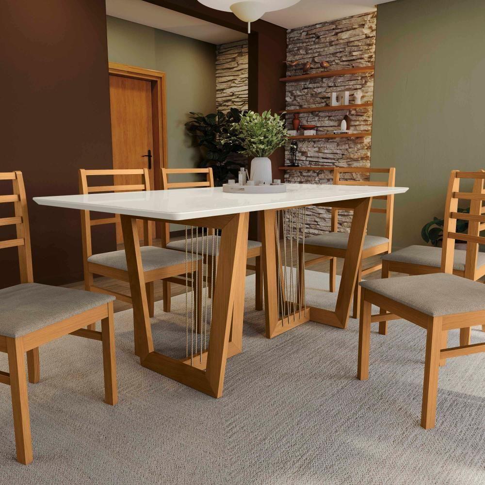 Conjunto Sala De Jantar Elisa Em Madeira Maciça 6 Cadeiras Linho Fendi - 6