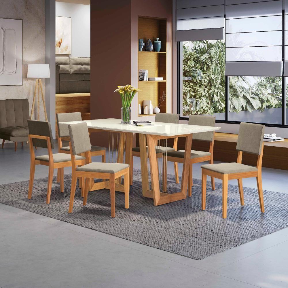 Conjunto Sala De Jantar Dora Em Madeira Maciça 6 Cadeiras Linho Fendi - 1