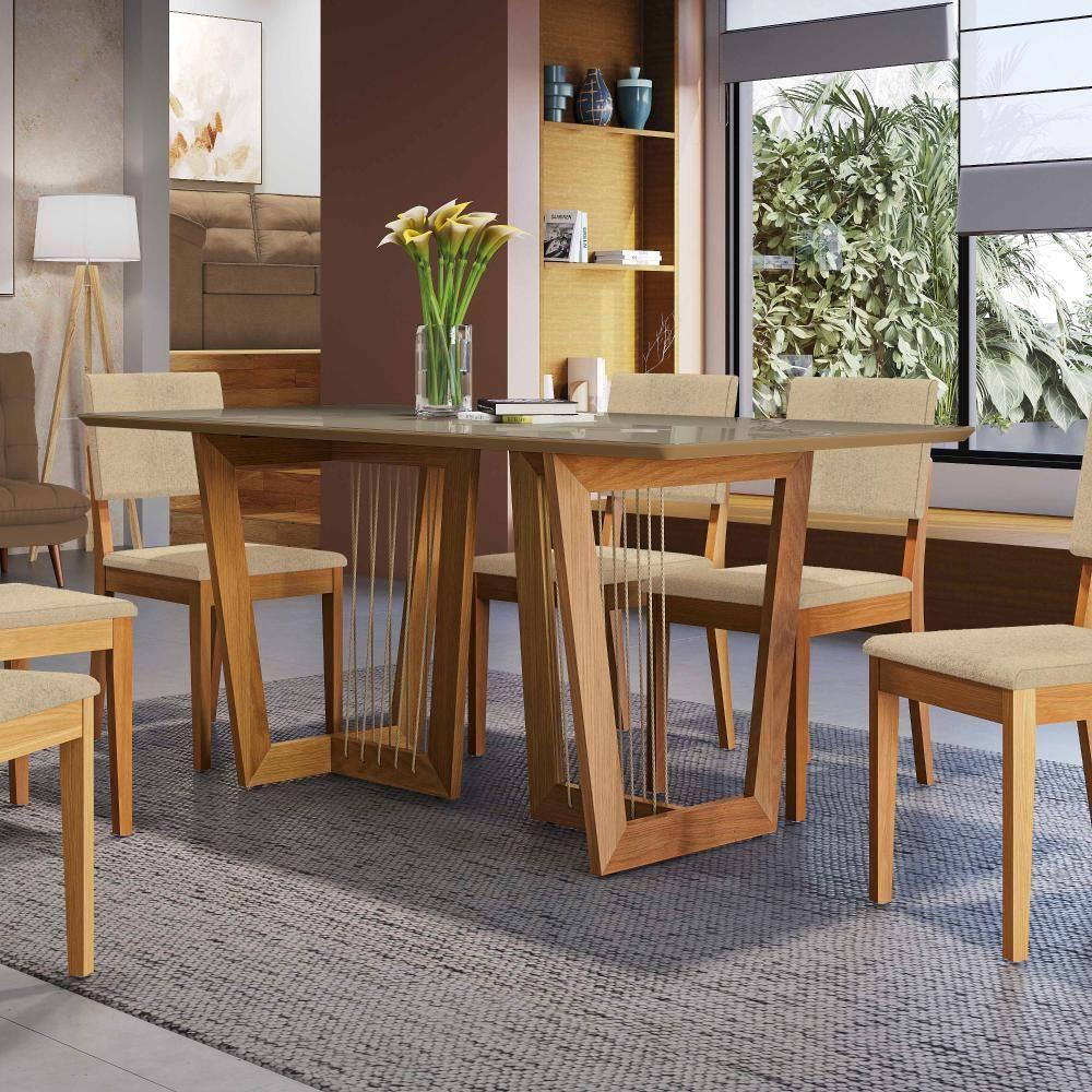 Conjunto Sala De Jantar Dora Em Madeira Maciça 6 Cadeiras Boucle Bege - 6