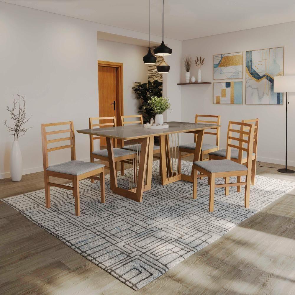 Conjunto Sala De Jantar Elisa Em Madeira Maciça 6 Cadeiras Boucle Cinza - 1