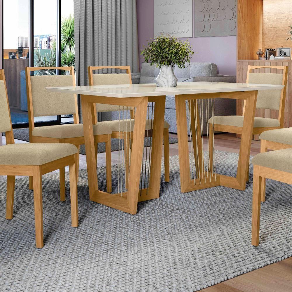 Conjunto Sala De Jantar Lina Em Madeira Maciça 6 Cadeiras Boucle Bege - 9