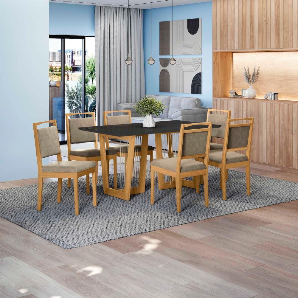 Conjunto Sala De Jantar Lina Em Madeira Maciça 6 Cadeiras Boucle Bege - 1