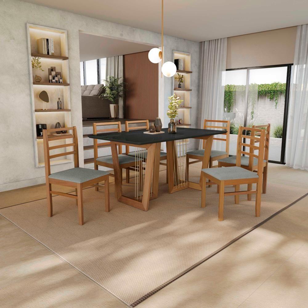 Conjunto Sala De Jantar Elisa Em Madeira Maciça 6 Cadeiras Boucle Cinza - 1