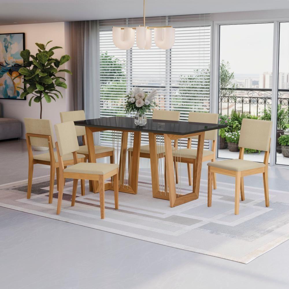 Conjunto Sala De Jantar Dora Em Madeira Maciça 6 Cadeiras Boucle Bege - 1
