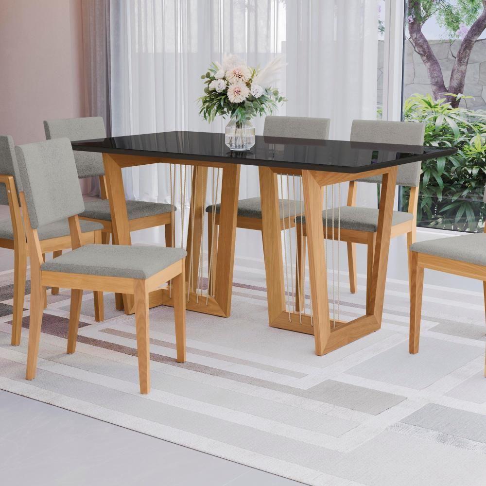Conjunto Sala De Jantar Dora Em Madeira Maciça 6 Cadeiras Boucle Cinza - 6
