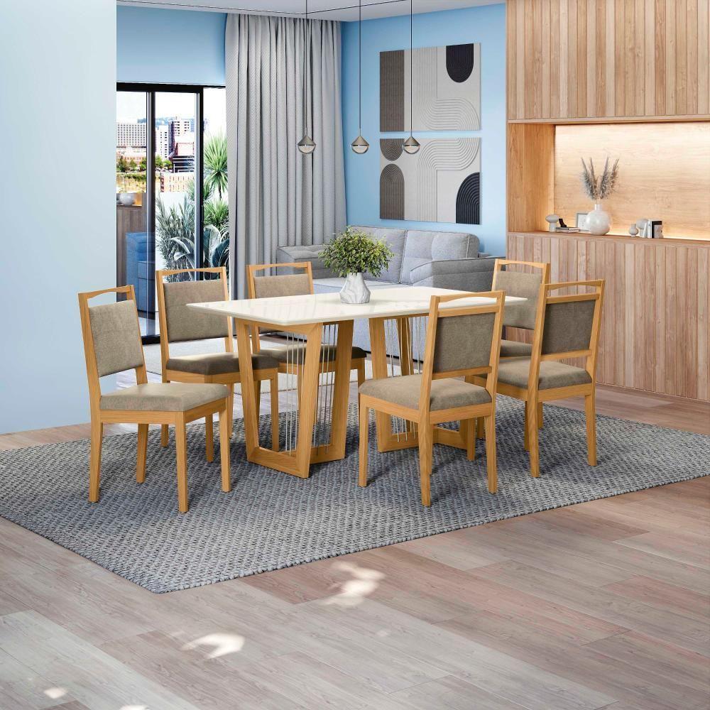 Conjunto Sala De Jantar Lina Em Madeira Maciça 6 Cadeiras Linho Fendi - 1