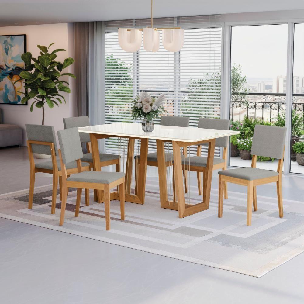 Conjunto Sala De Jantar Dora Em Madeira Maciça 6 Cadeiras Boucle Cinza - 1