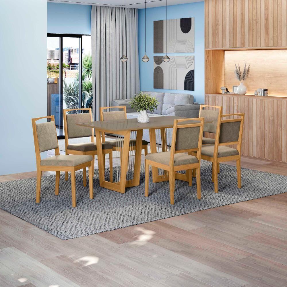 Conjunto Sala De Jantar Lina Em Madeira Maciça 6 Cadeiras Linho Fendi - 1