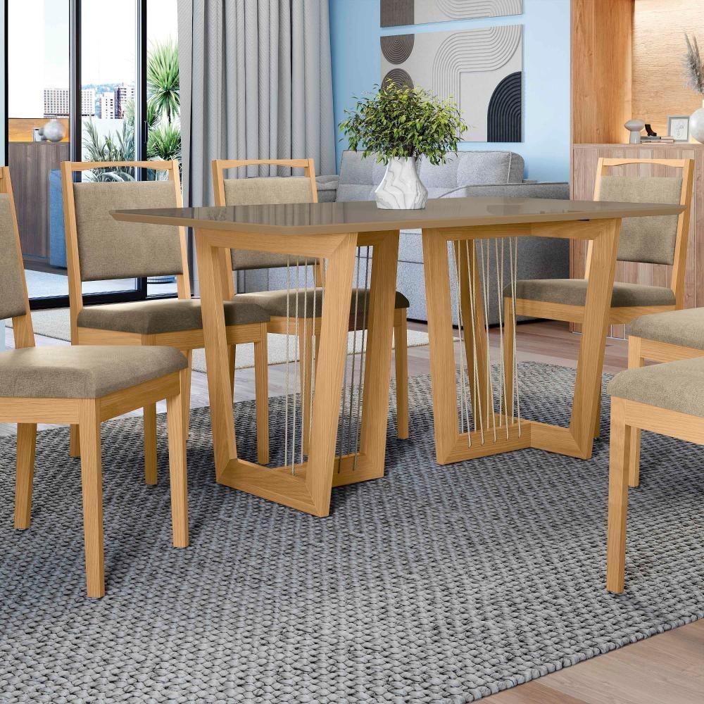 Conjunto Sala De Jantar Lina Em Madeira Maciça 6 Cadeiras Linho Fendi - 6