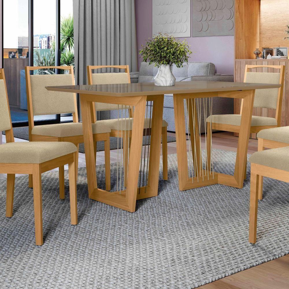 Conjunto Sala De Jantar Lina Em Madeira Maciça 6 Cadeiras Boucle Bege - 6