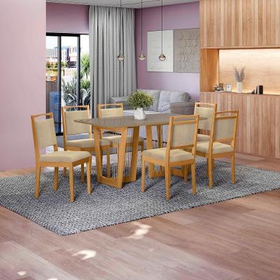 Conjunto Sala De Jantar Lina Em Madeira Maciça 6 Cadeiras Boucle Bege