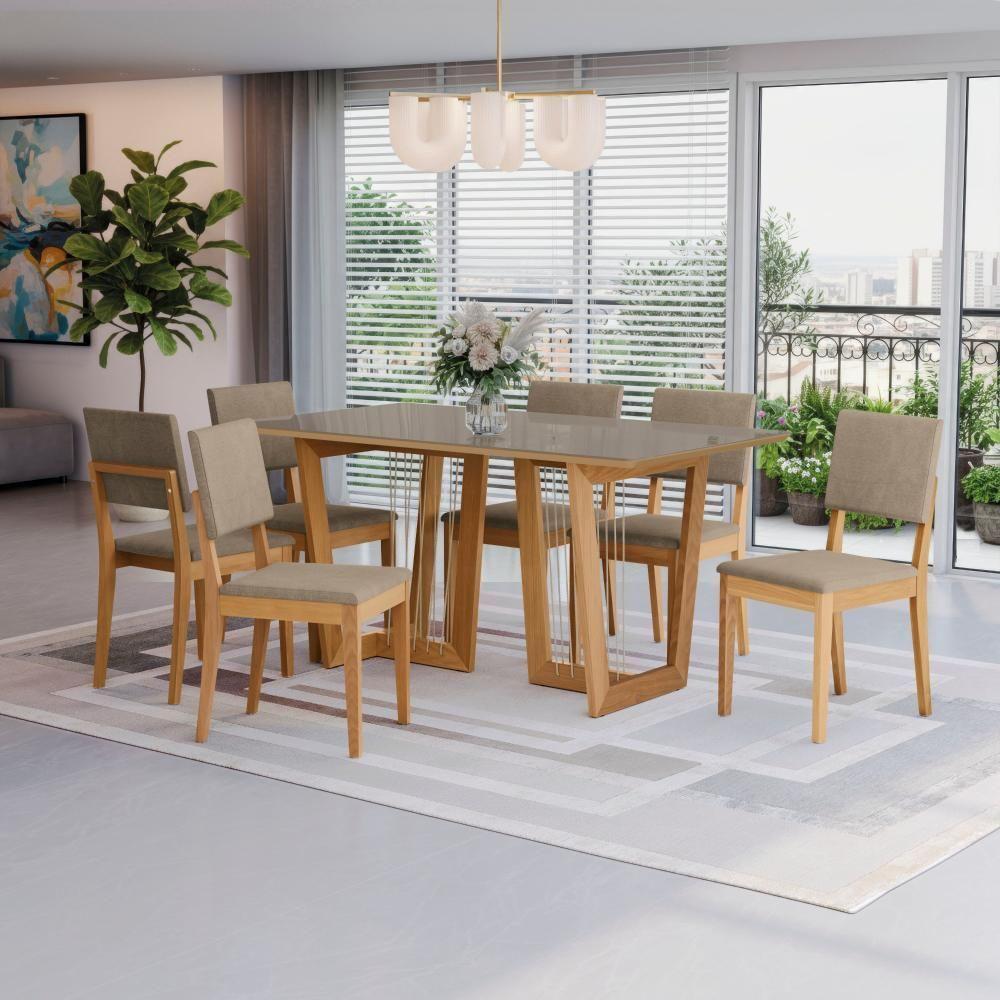 Conjunto Sala De Jantar Dora Em Madeira Maciça 6 Cadeiras Linho Fendi - 1