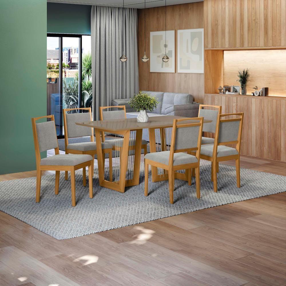 Conjunto Sala De Jantar Lina Em Madeira Maciça 6 Cadeiras Boucle Cinza - 1