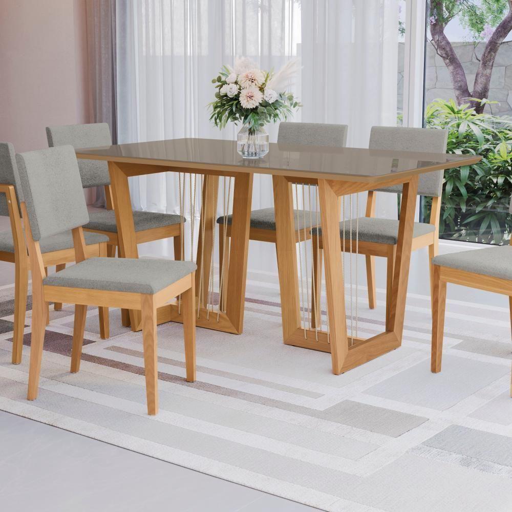 Conjunto Sala De Jantar Dora Em Madeira Maciça 6 Cadeiras Boucle Cinza - 6