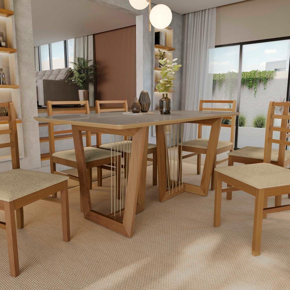 Conjunto Sala De Jantar Elisa Em Madeira Maciça 6 Cadeiras Boucle Bege - 2