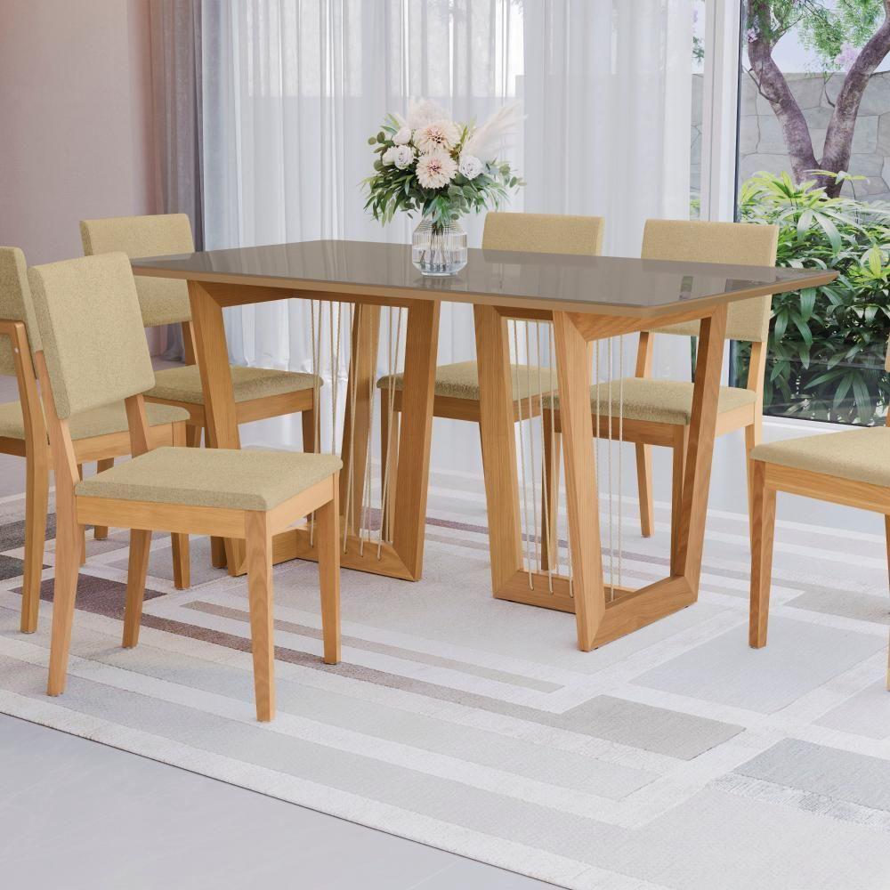 Conjunto Sala De Jantar Dora Em Madeira Maciça 6 Cadeiras Boucle Bege - 6