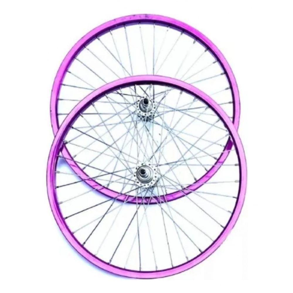 Par Rodas Aro 20 Alumínio Raio Fino Cor Rosa - 1