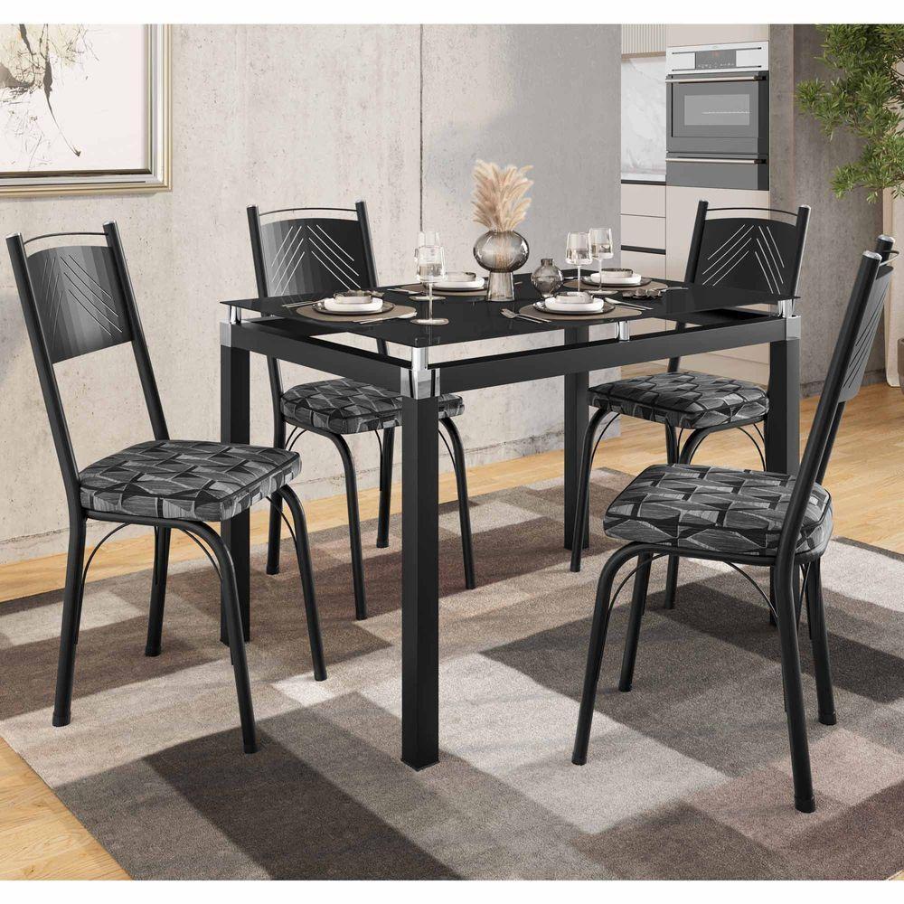 Conjunto Mesa De Jantar Com 4 Cadeiras 151 Malva Tampo Vidro 107cm Sf Preto Assento Mosaico Silver - Combo Stock - 1