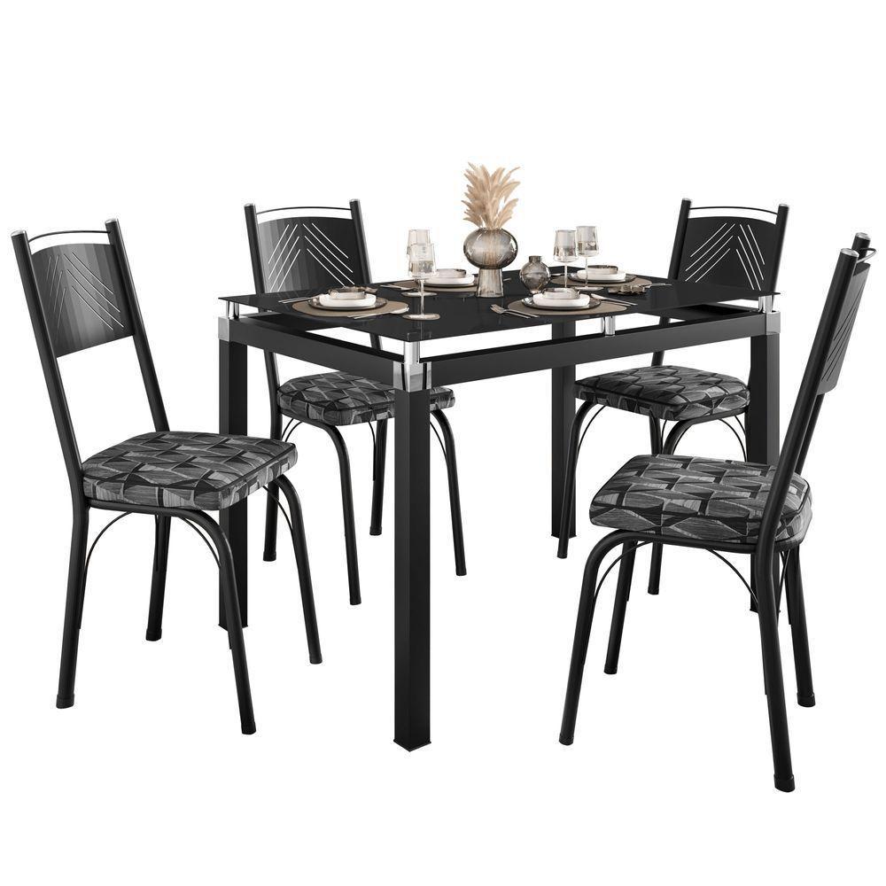 Conjunto Mesa De Jantar Com 4 Cadeiras 151 Malva Tampo Vidro 107cm Sf Preto Assento Mosaico Silver - Combo Stock - 2