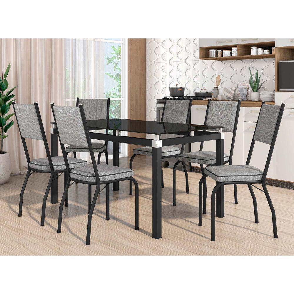 Conjunto Mesa De Jantar Com 6 Cadeiras 258 Malva Tampo Vidro 140cm Sf Preto Assento Grafiato - Combo Stock - 1
