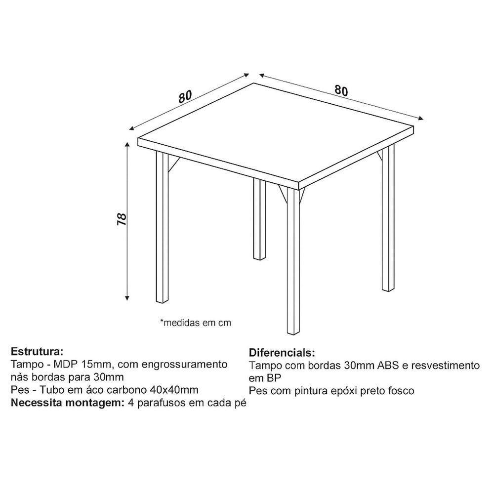 Mesa 4 Lugares Ana Maria 80x80cm Tampo Preto Pés Em Aço Criativa - 3