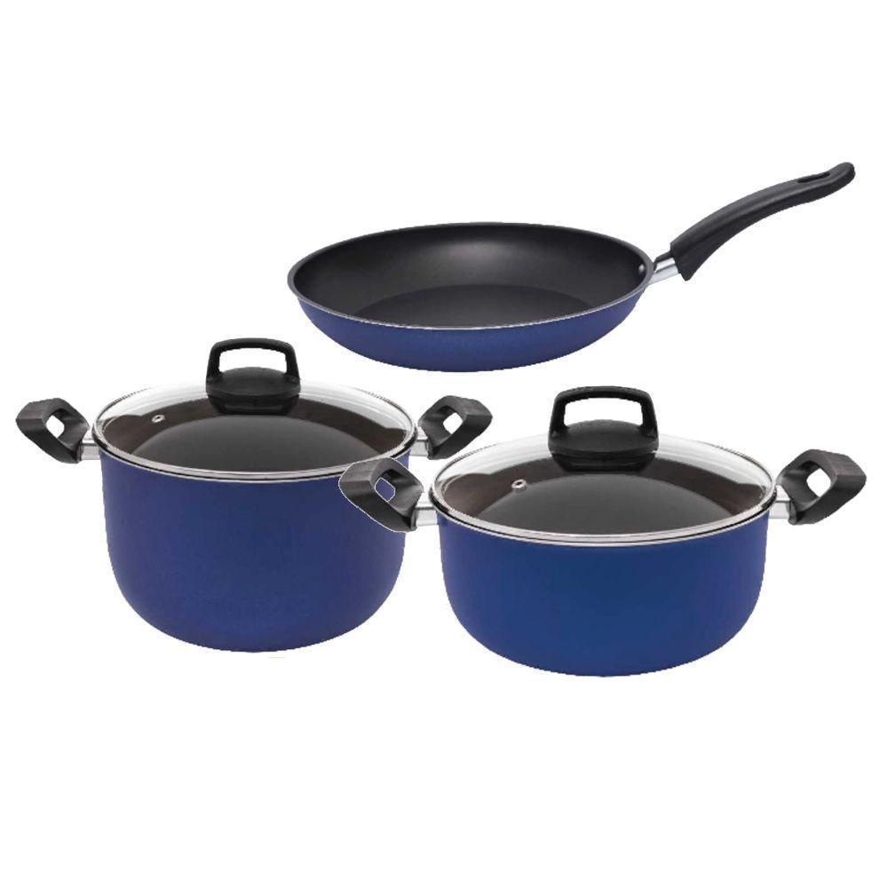 Jogo De Panelas Antiaderentes Azul Royal 3 Peças Com Caldeirão - 1