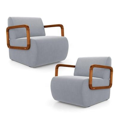 Kit 02 Poltronas Decorativas Orgânica Living Kavya Veludo Cinza Claro - Desk Design