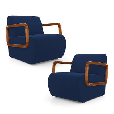 Kit 2 Poltronas Decorativas Orgânica Living Kavya Para Sala de Estar Veludo Azul Desk Design