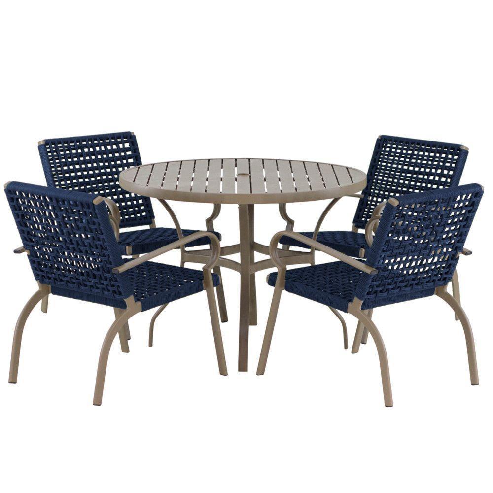 Kit 4 Cadeiras Corda Náutica E Mesa Tampo Ripado Varanda Azul Marinho - 1