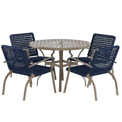 Kit 4 Cadeiras Corda Náutica E Mesa Tampo Ripado Varanda Azul Marinho