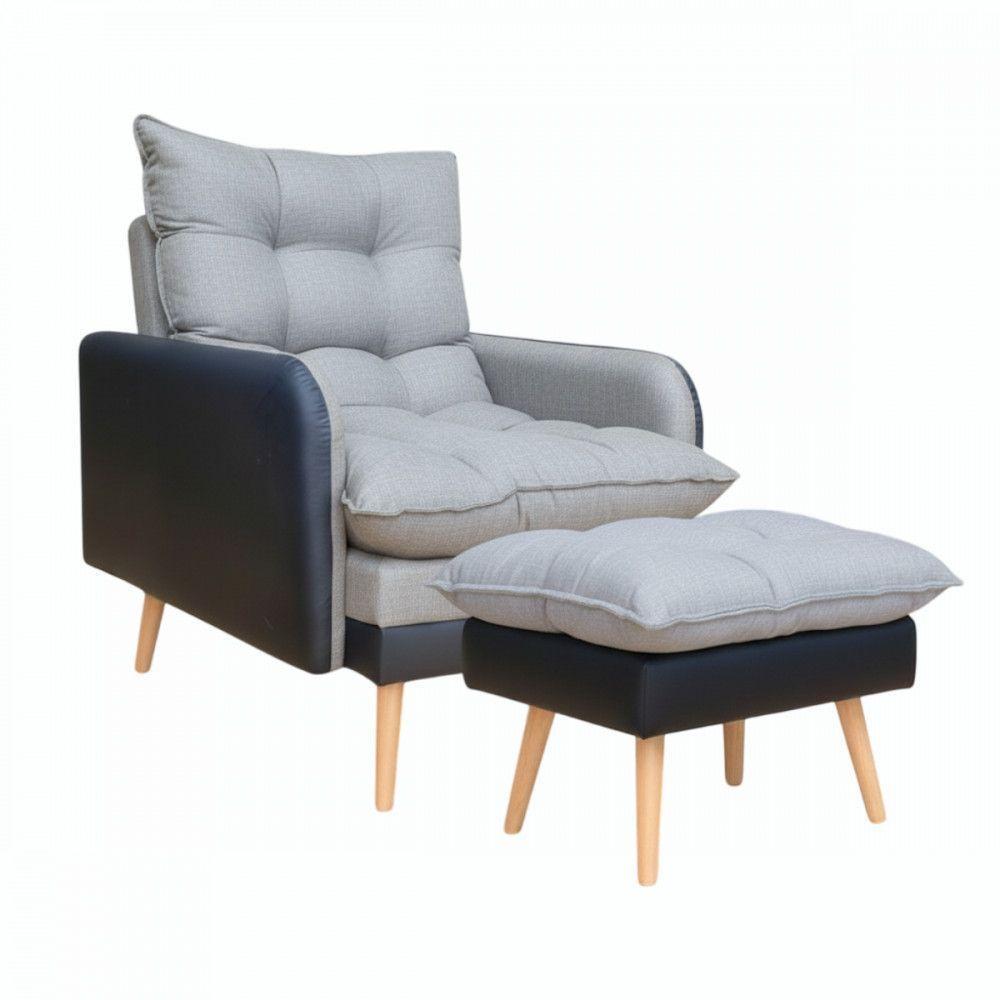 Poltrona Reclinável Com Puff Corino Preto Com Linho Grafite Preto Com Grafite - 1