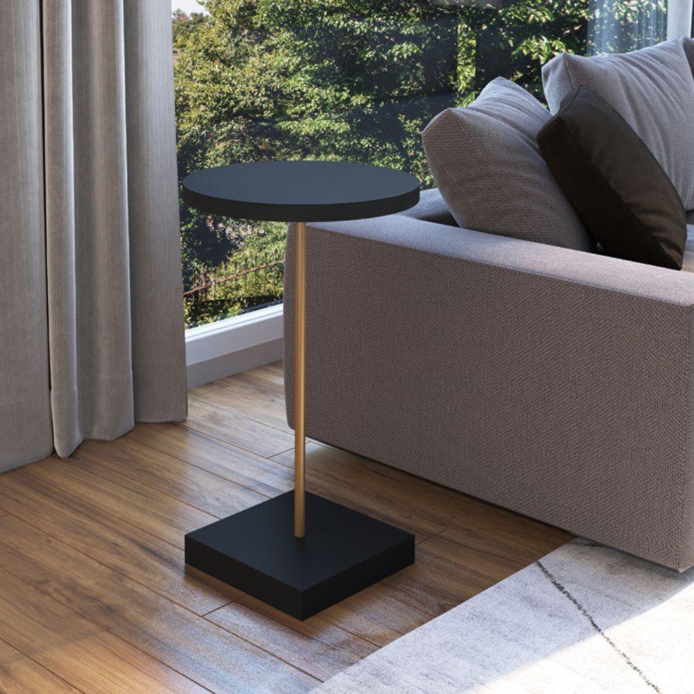 Mesa Lateral Redonda 60cm Estrutura Dourada - Preto - 2