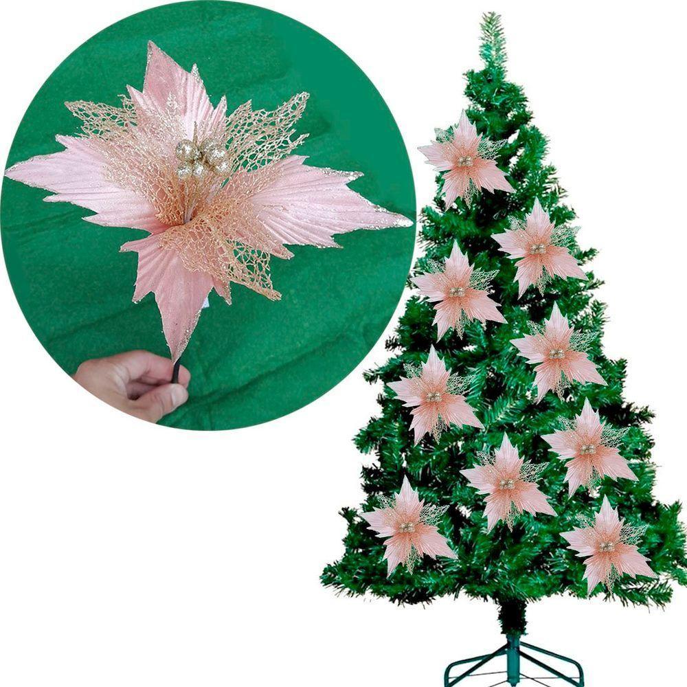 Flores árvore De Natal Rosa Com Gliter Dourado 23cm Kit 12pç - 1