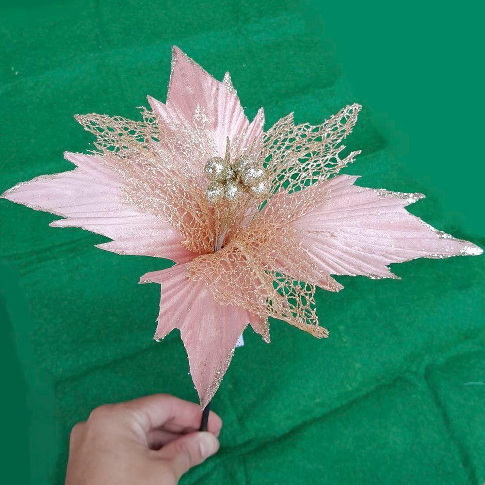 Flores árvore De Natal Rosa Com Gliter Dourado 23cm Kit 4pç - 2